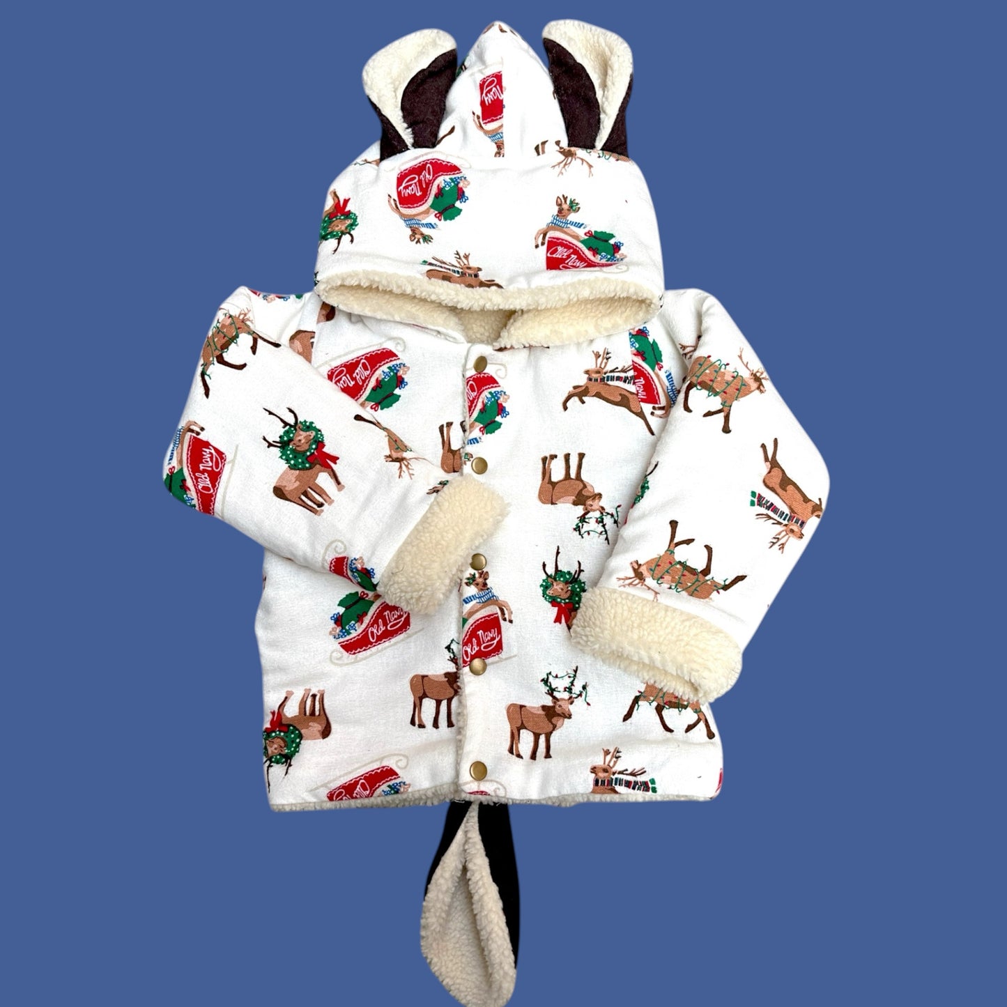 Cotton Flannel Winter Jacket for Kids – Unisex with Sherpa Fur & Reindeer Appliques