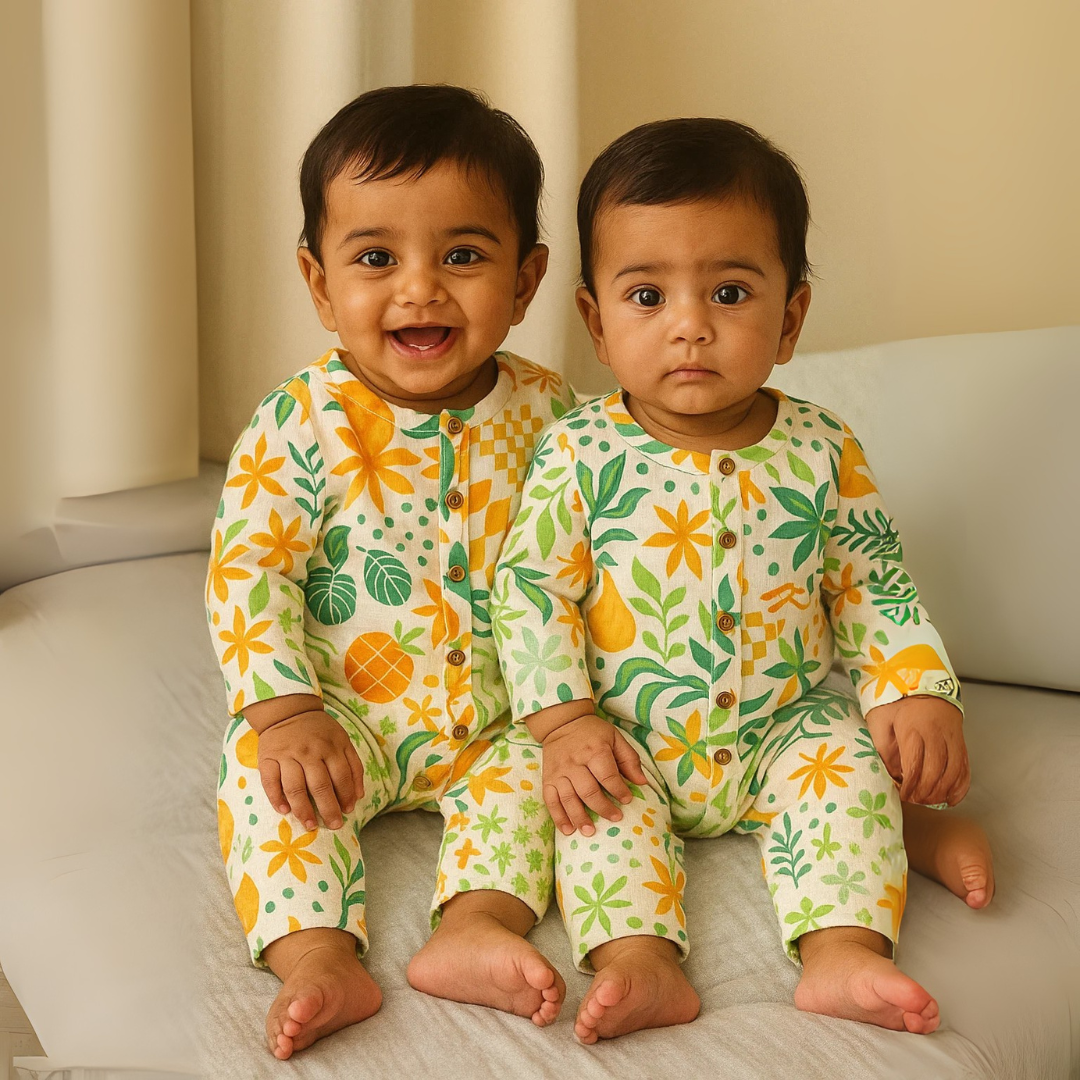 Organic Cotton Muslin Snap Up Rompers - Combo of 2 (Fruits)