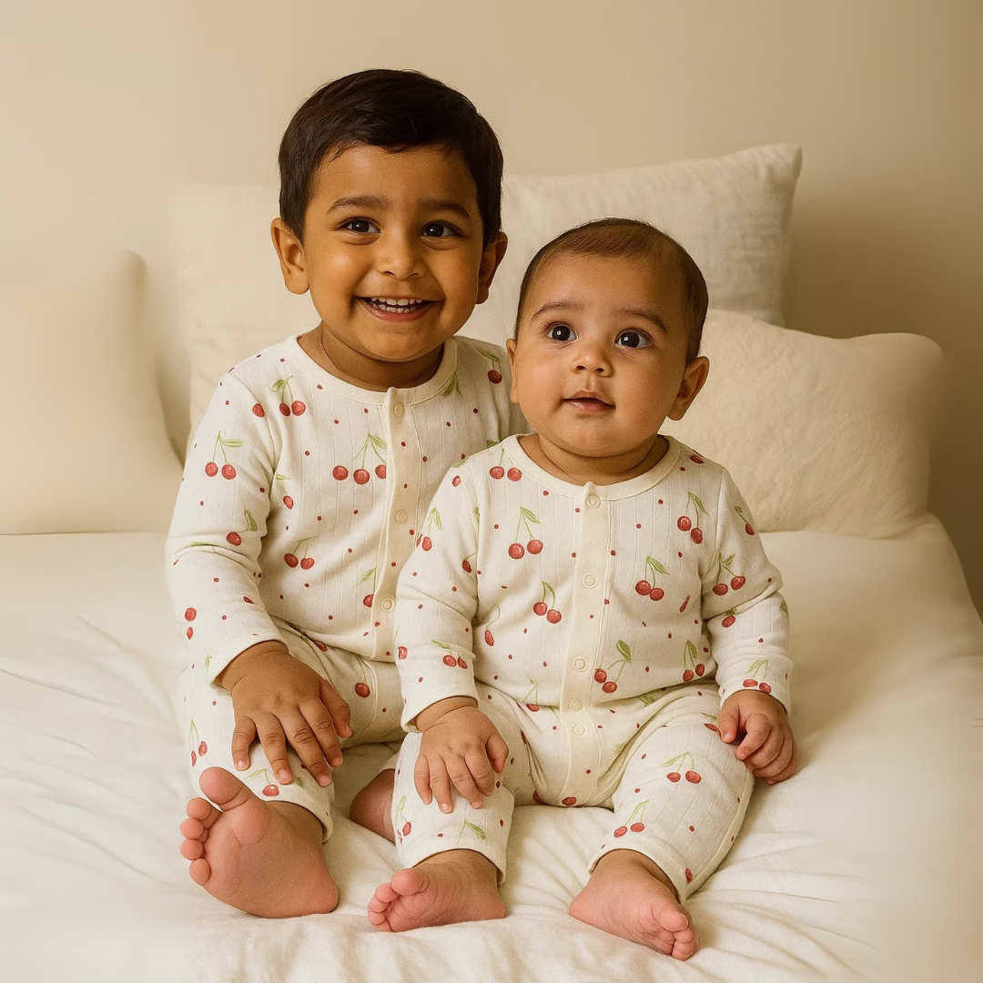 Organic Cotton Muslin Snap Up Rompers - Combo of 2 (Dino + Cherry)