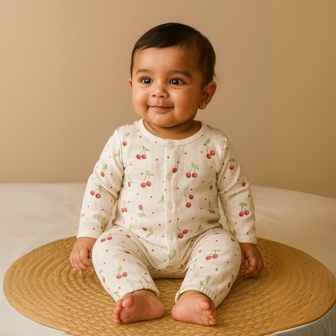 Organic Cotton Muslin Snap Up Rompers - Combo of 2 (Dino + Cherry)