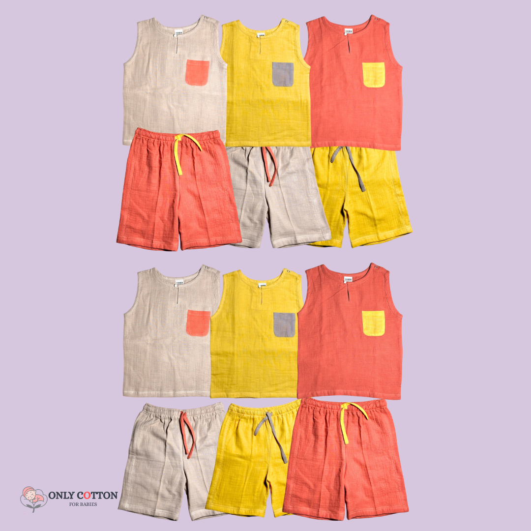 Organic Cotton Muslin Unisex Colourblocked Jhabla Sets with Patched Pockets
