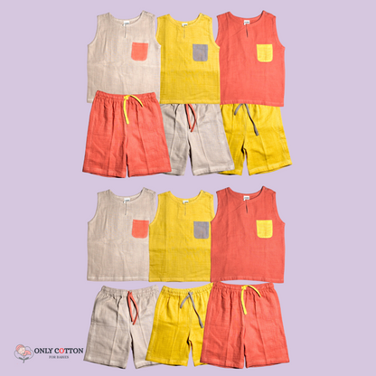 Organic Cotton Muslin Unisex Colourblocked Jhabla Sets with Patched Pockets