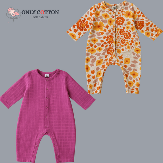 Organic Cotton Muslin Snap Up Rompers - Combo of 2 (Tie Die + Purple)