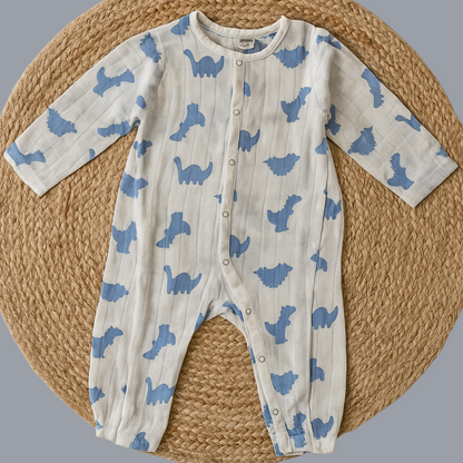 Organic Cotton Muslin Snap Up Rompers - Combo of 2 (Dino + Cherry)