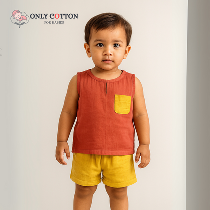 Organic Cotton Muslin Unisex Colourblocked Jhabla Sets with Patched Pockets