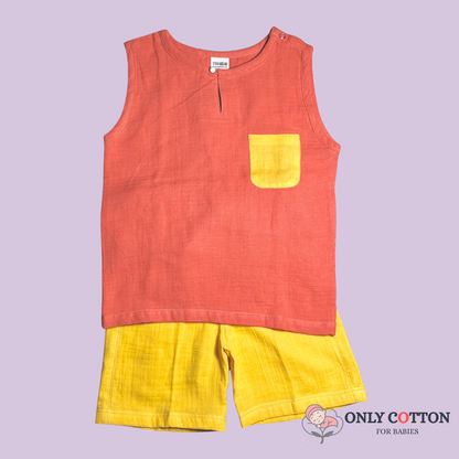 Organic Cotton Muslin Unisex Colourblocked Jhabla Sets with Patched Pockets