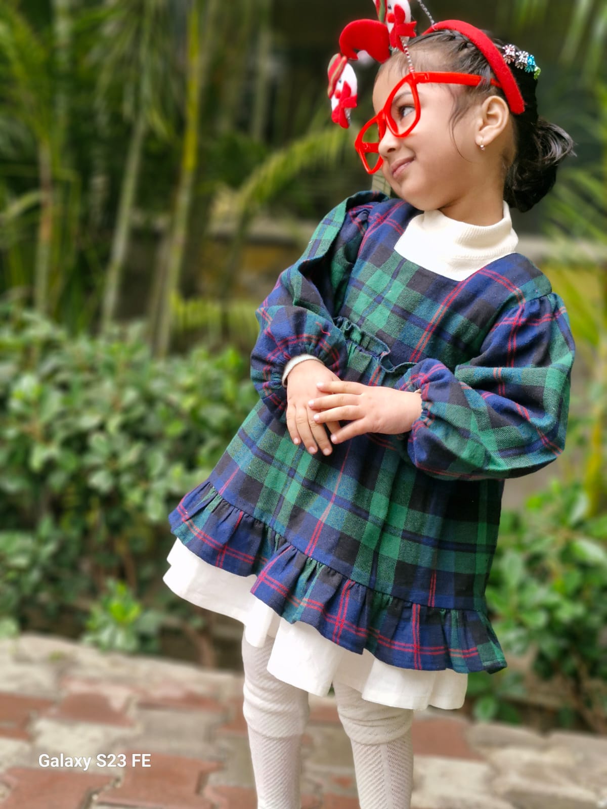 Cotton Flannel Plaid Dress for Girls – Double Layer, Flared in Christmas Green