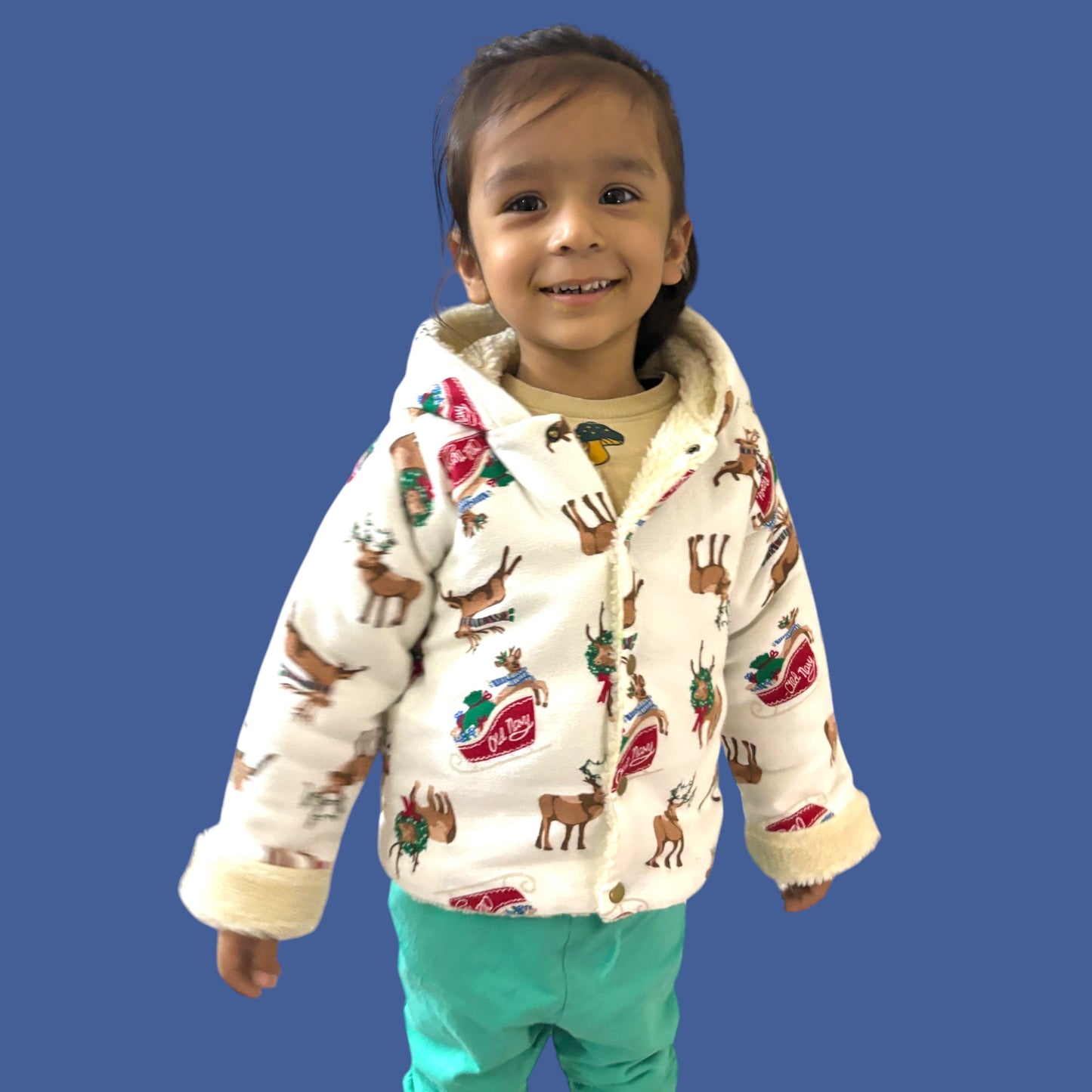 Cotton Flannel Winter Jacket for Kids – Unisex with Sherpa Fur & Reindeer Appliques