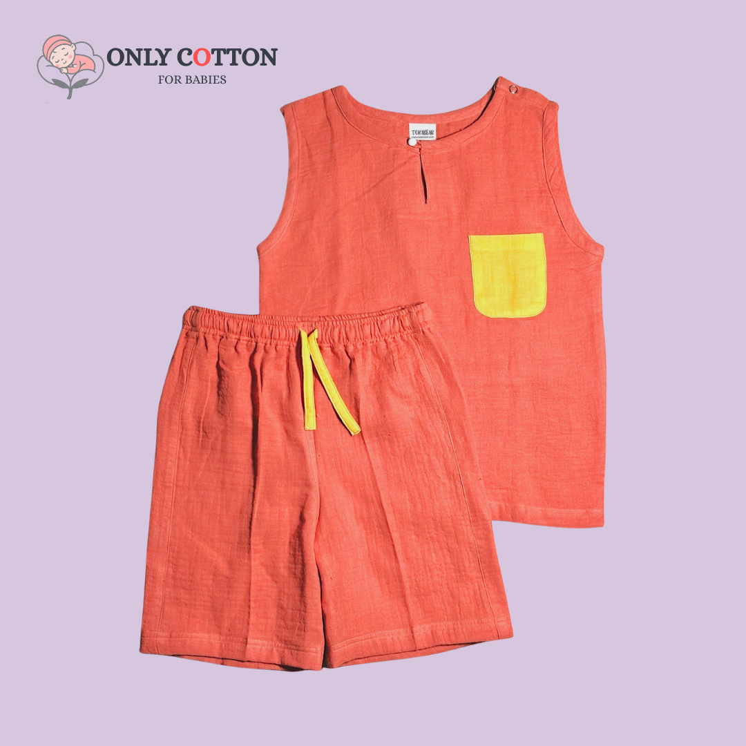 Organic Cotton Muslin Unisex Colourblocked Jhabla Sets with Patched Pockets
