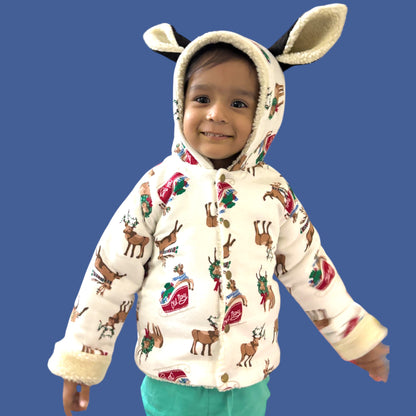 Cotton Flannel Winter Jacket for Kids – Unisex with Sherpa Fur & Reindeer Appliques