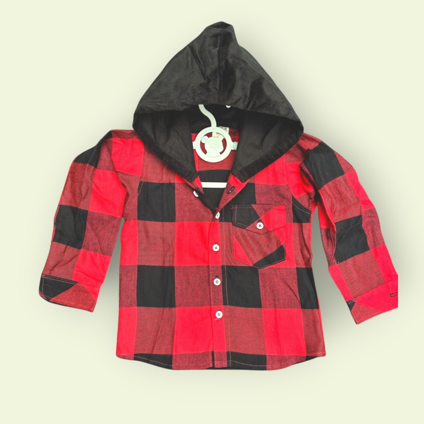 Flannel Plaid Shirt for Kids – Corduroy Hood with Button Pocket in Red & Black