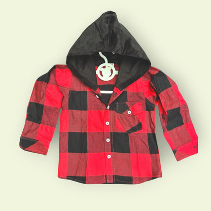 Flannel Plaid Shirt for Kids – Corduroy Hood with Button Pocket in Red & Black