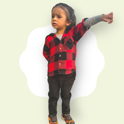 Flannel Plaid Shirt for Kids – Corduroy Hood with Button Pocket in Red & Black