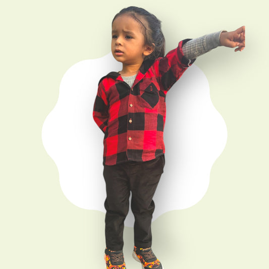 Flannel Plaid Shirt for Kids – Corduroy Hood with Button Pocket in Red & Black