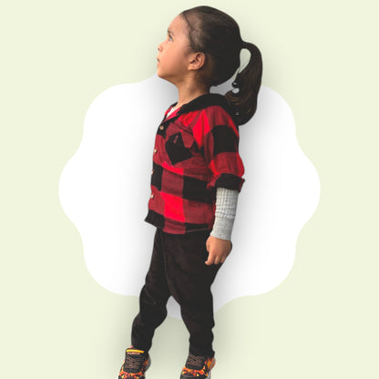 Flannel Plaid Shirt for Kids – Corduroy Hood with Button Pocket in Red & Black