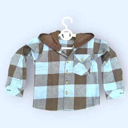 Flannel Plaid Shirt for Kids – Corduroy Hood with Button Pocket in Blue & Brown