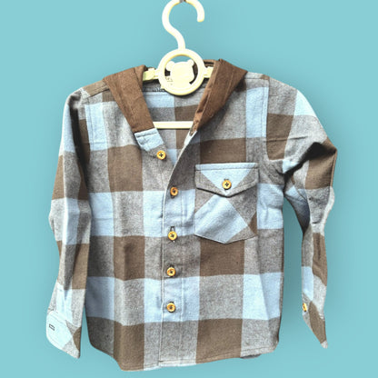 Flannel Plaid Shirt for Kids – Corduroy Hood with Button Pocket in Blue & Brown