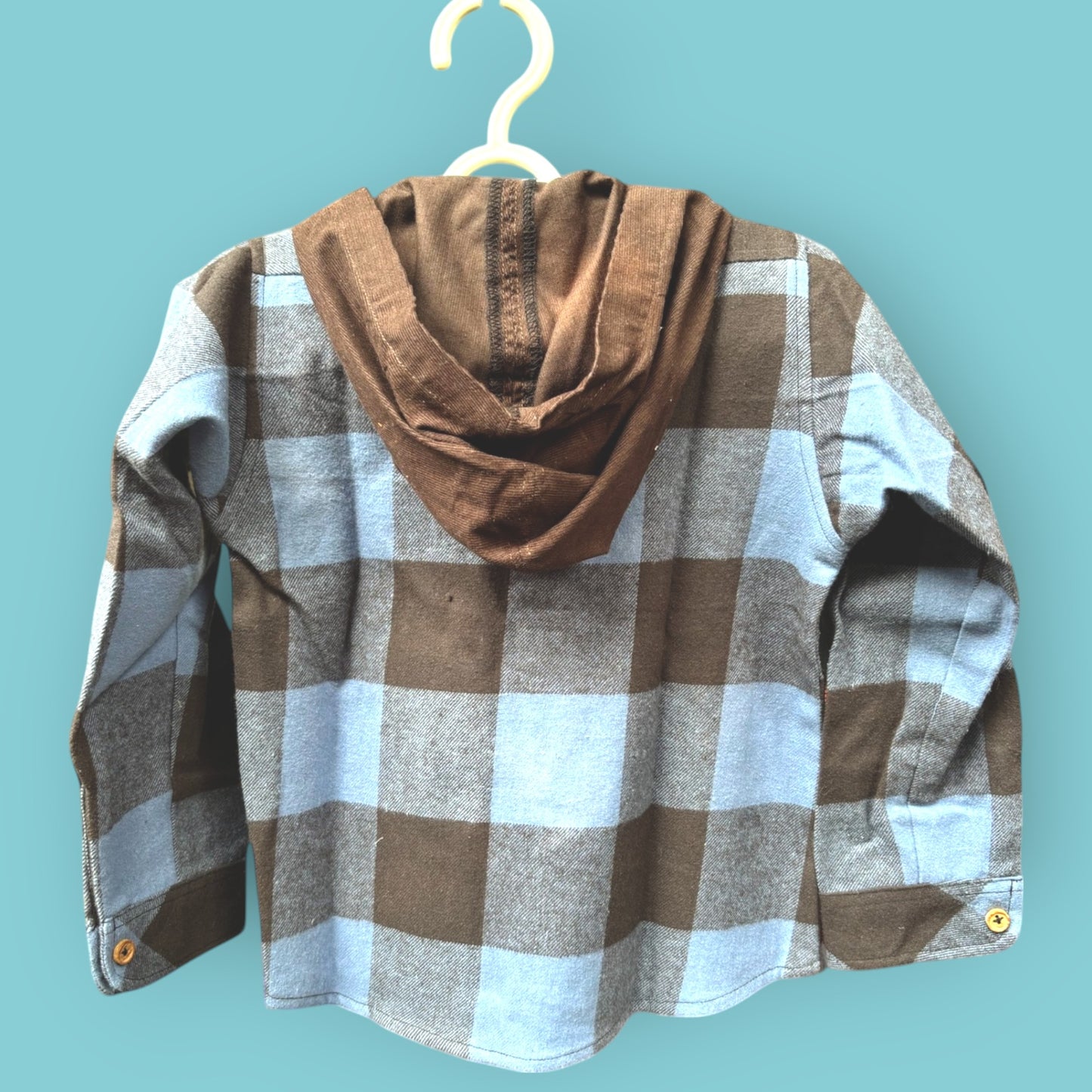 Flannel Plaid Shirt for Kids – Corduroy Hood with Button Pocket in Blue & Brown