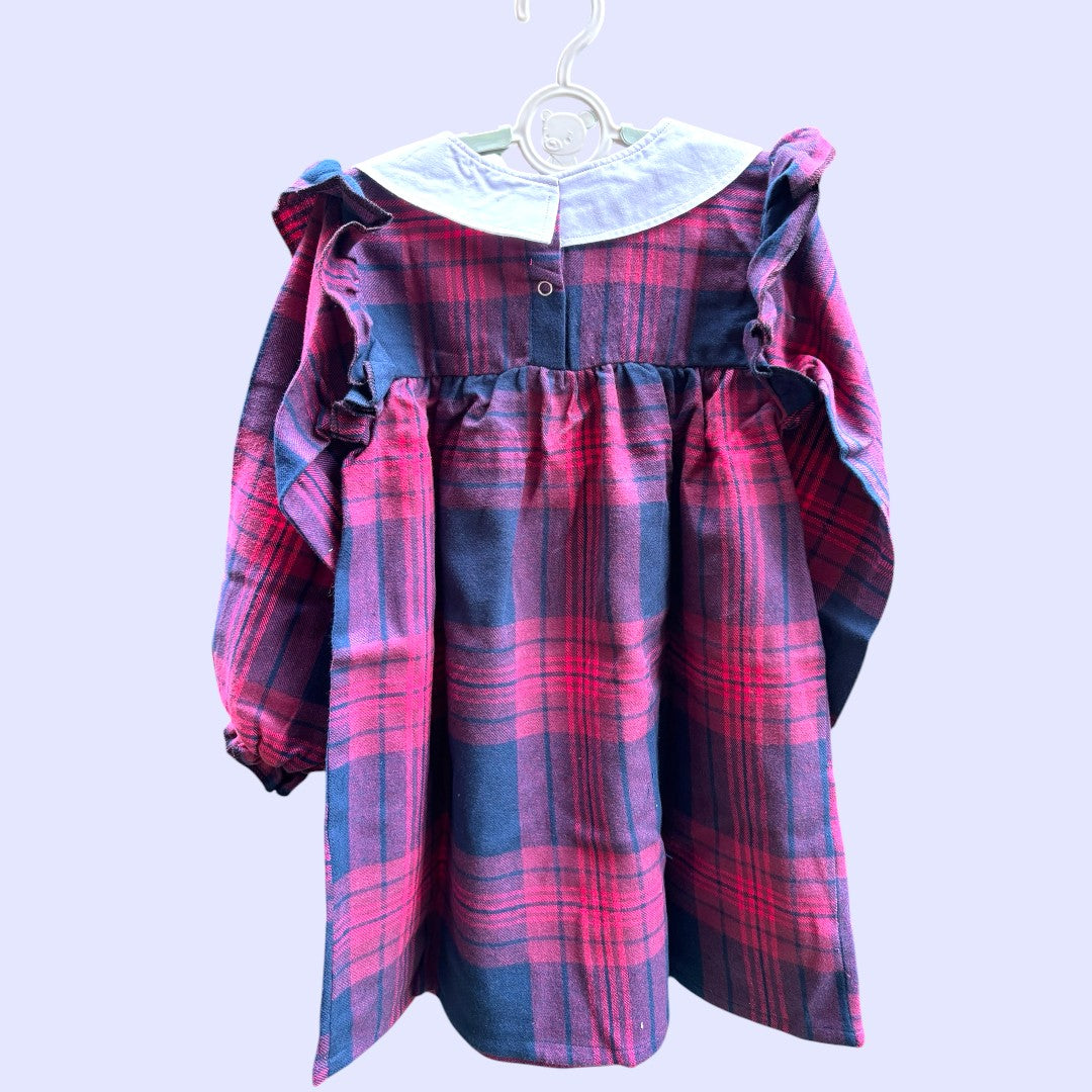 Cotton Flannel Plaid Dress for Girls – Peter Pan Collar in Wine