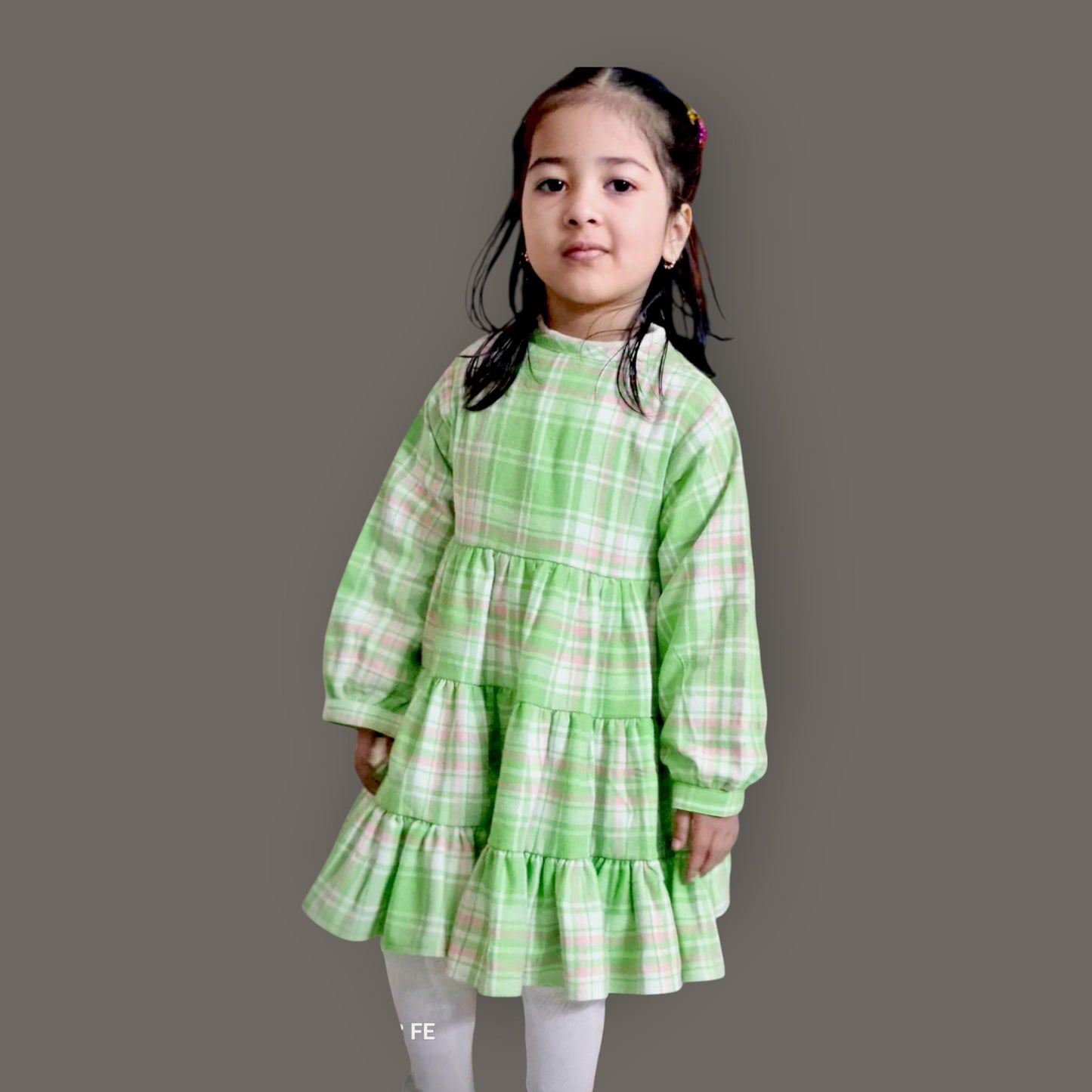 Cotton Flannel Plaid Dress for Girls – Layered Button Down with Snap Buttons in Light Green