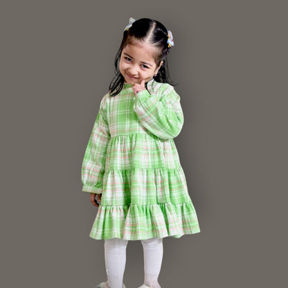 Cotton Flannel Plaid Dress for Girls – Layered Button Down with Snap Buttons in Light Green