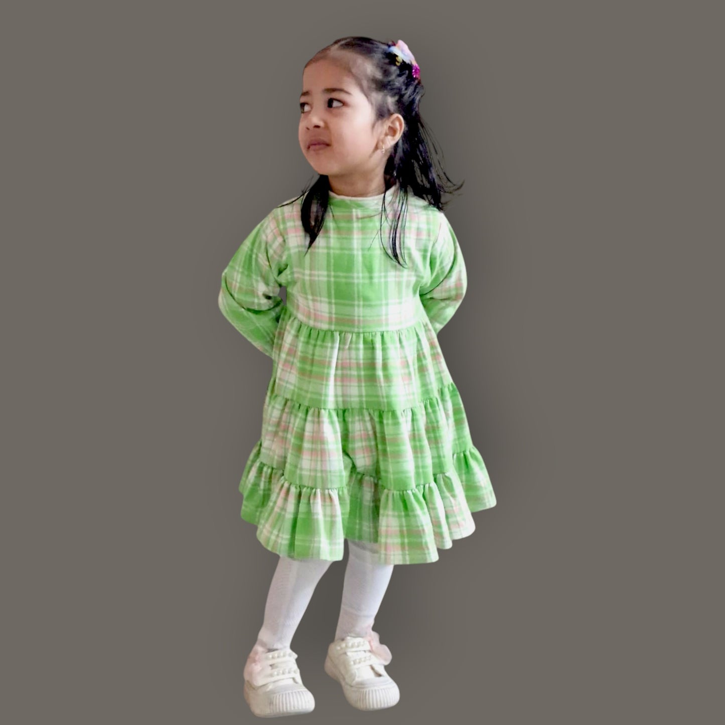 Cotton Flannel Plaid Dress for Girls – Layered Button Down with Snap Buttons in Light Green