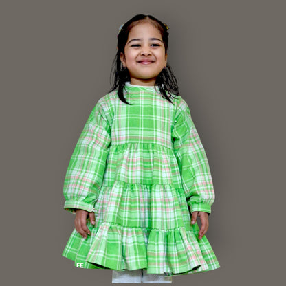 Cotton Flannel Plaid Dress for Girls – Layered Button Down with Snap Buttons in Light Green