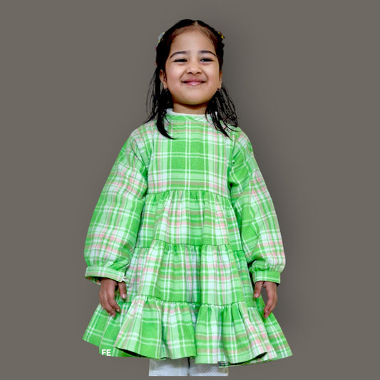 Cotton Flannel Plaid Dress for Girls – Layered Button Down with Snap Buttons in Light Green