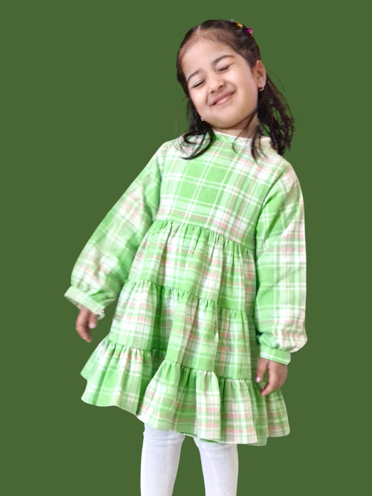 Cotton Flannel Plaid Dress for Girls – Layered Button Down with Snap Buttons in Light Green