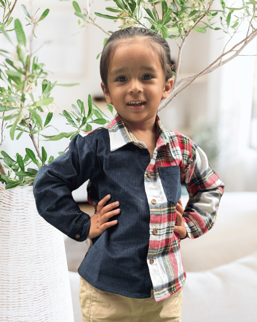 Cotton Flannel & Corduroy Shirt for Kids – Front Placket with Patched Pocket