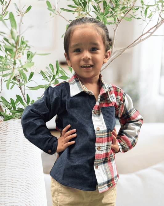 Cotton Flannel & Corduroy Shirt for Kids – Front Placket with Patched Pocket