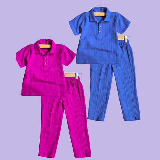 Muslin Polo Tee with Full Length Bottoms - 2 Sets
