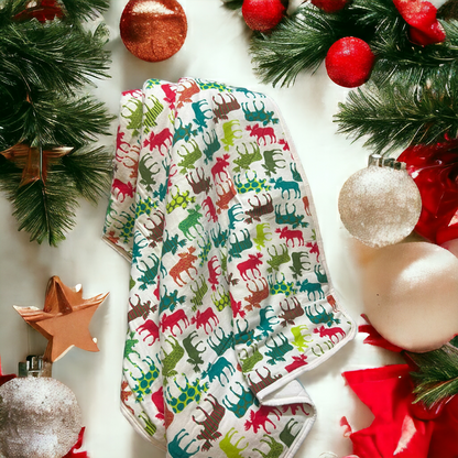 Soft Flannel and Muslin Quilted Toddler Blanket for Toddlers – Reindeer on Snow