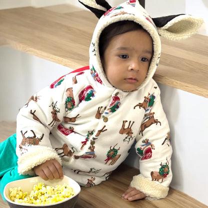 Cotton Flannel Winter Jacket for Kids – Unisex with Sherpa Fur & Reindeer Appliques
