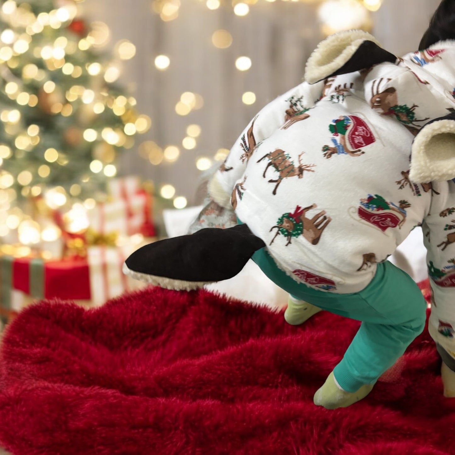 Cotton Flannel Winter Jacket for Kids – Unisex with Sherpa Fur & Reindeer Appliques