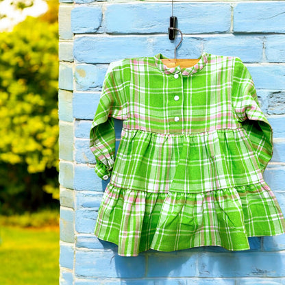 Cotton Flannel Plaid Dress for Girls – Layered Button Down with Snap Buttons in Light Green