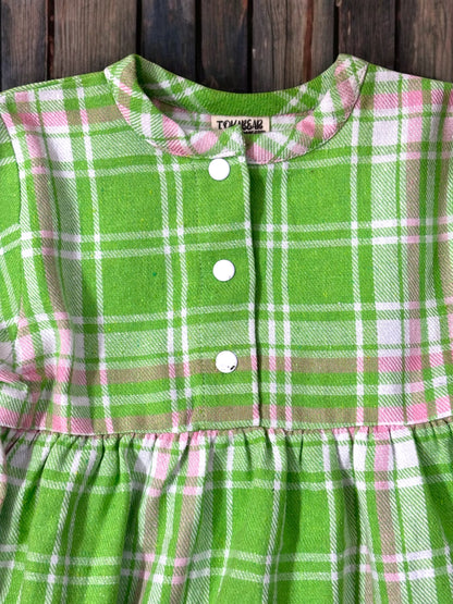 Cotton Flannel Plaid Dress for Girls – Layered Button Down with Snap Buttons in Light Green
