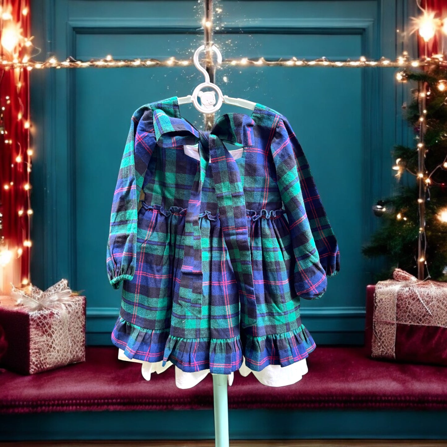 Cotton Flannel Plaid Dress for Girls – Double Layer, Flared in Christmas Green