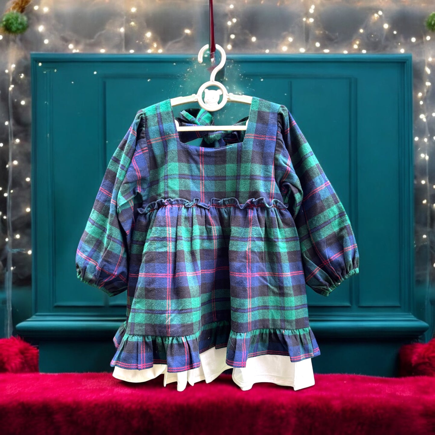 Cotton Flannel Plaid Dress for Girls – Double Layer, Flared in Christmas Green