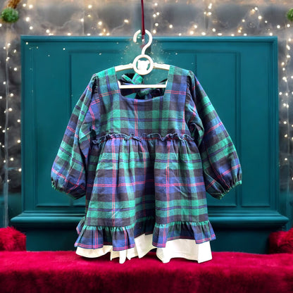 Cotton Flannel Plaid Dress for Girls – Double Layer, Flared in Christmas Green