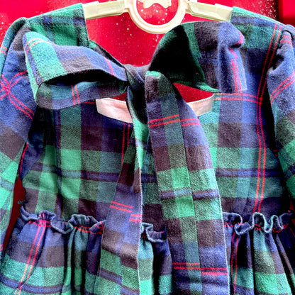 Cotton Flannel Plaid Dress for Girls – Double Layer, Flared in Christmas Green