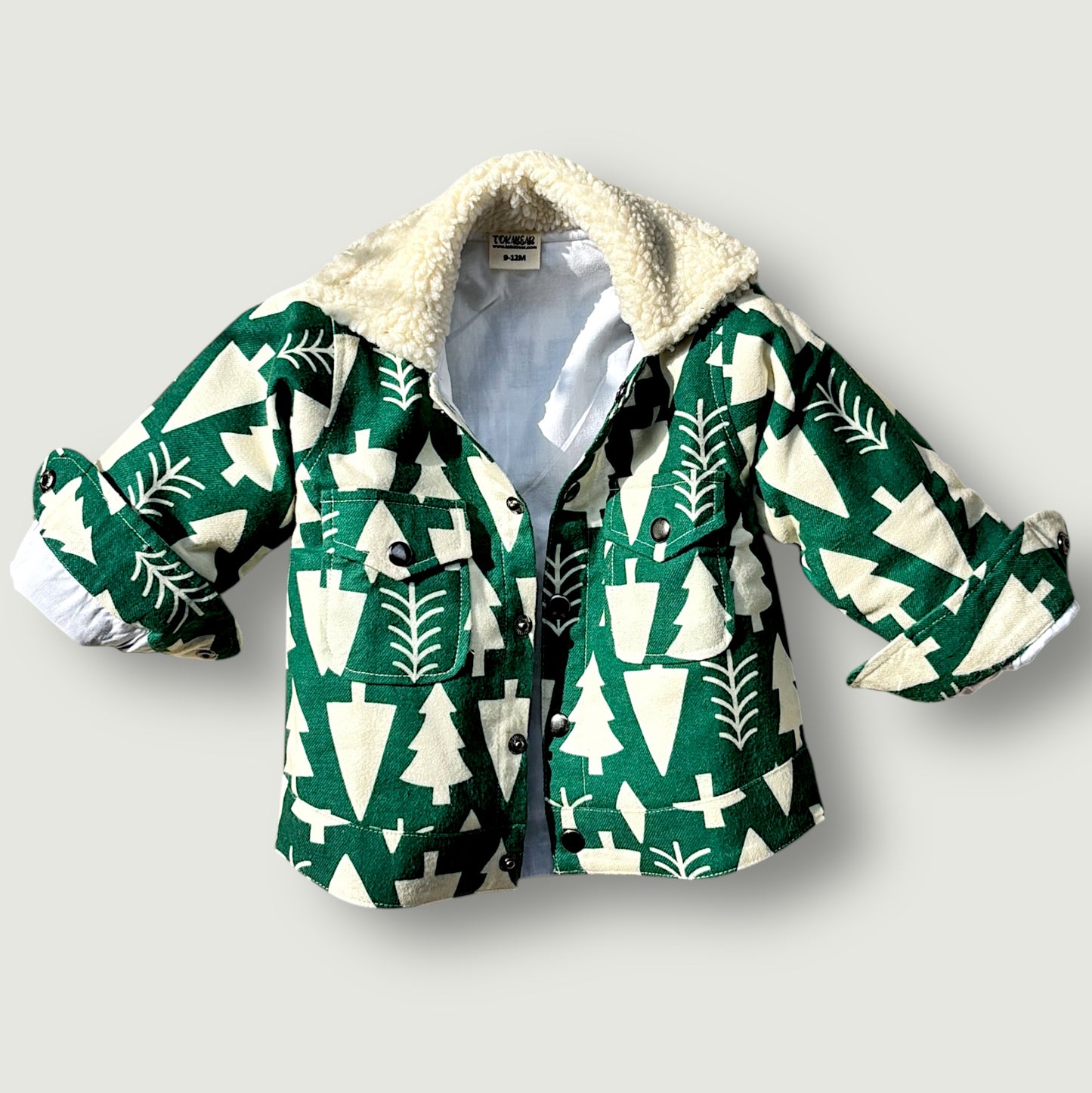 Flannel Shacket for Kids – Sherpa Collar in Evergreen Forest