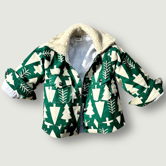 Flannel Shacket for Kids – Sherpa Collar in Evergreen Forest