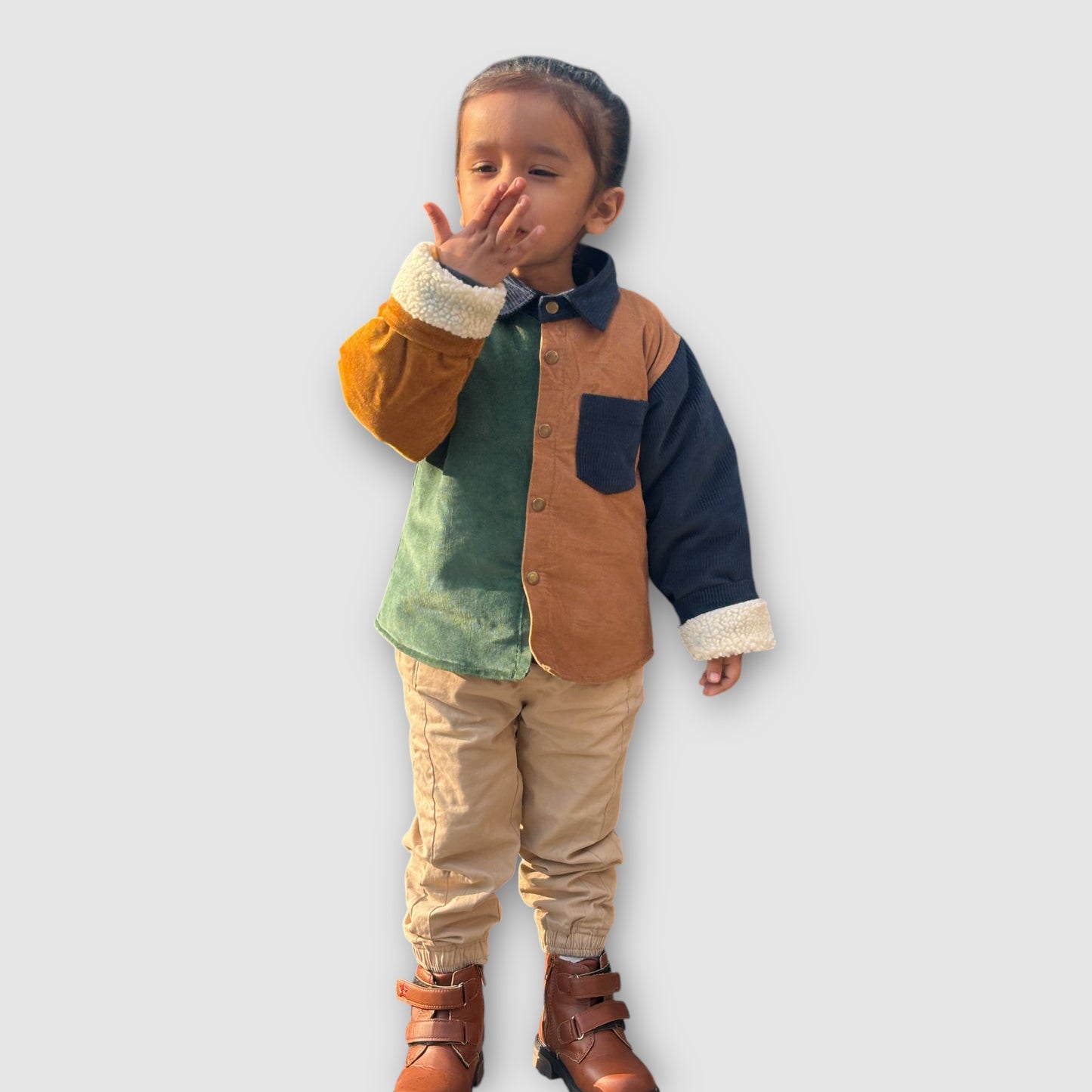 Corduroy Shacket & Pant Set for Kids – Colour Block with Detachable Hoodie