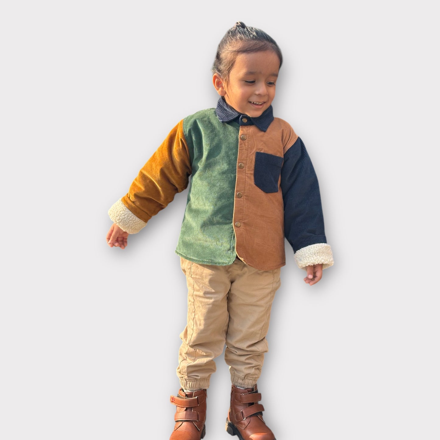 Corduroy Shacket & Pant Set for Kids – Colour Block with Detachable Hoodie