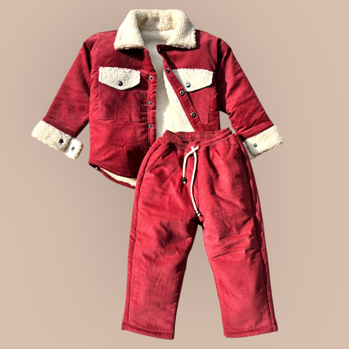 Cotton Corduroy & Sherpa Fur Shacket Set for Kids – Berry Rose