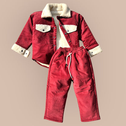Cotton Corduroy & Sherpa Fur Shacket Set for Kids – Berry Rose