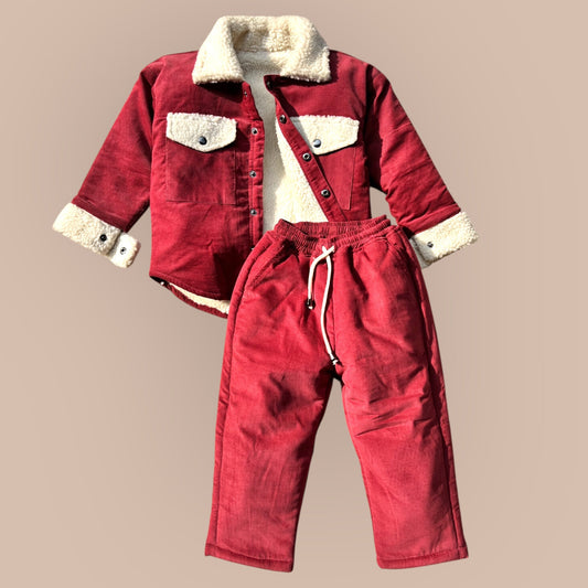 Cotton Corduroy & Sherpa Fur Shacket Set for Kids – Berry Rose