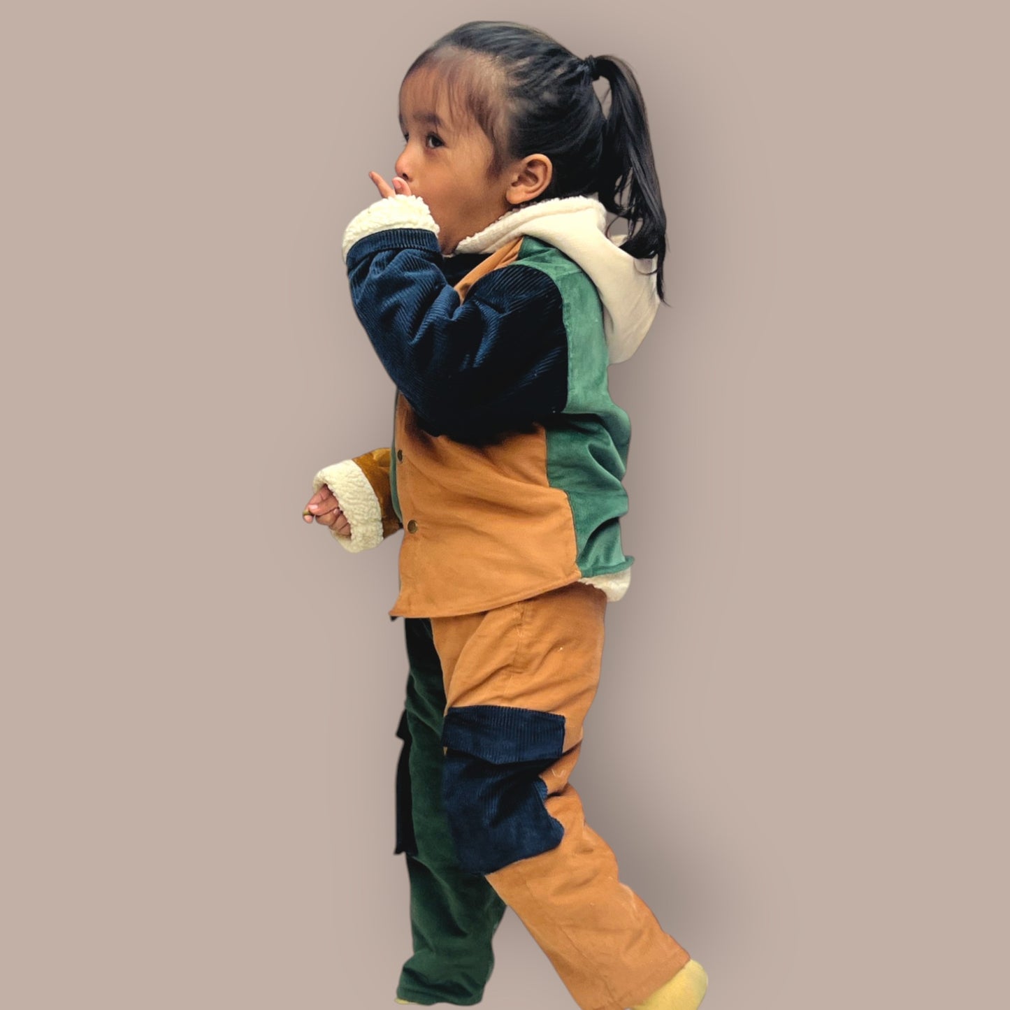 Corduroy Shacket & Pant Set for Kids – Colour Block with Detachable Hoodie
