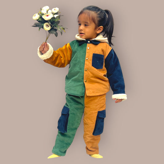 Corduroy Shacket & Pant Set for Kids – Colour Block with Detachable Hoodie